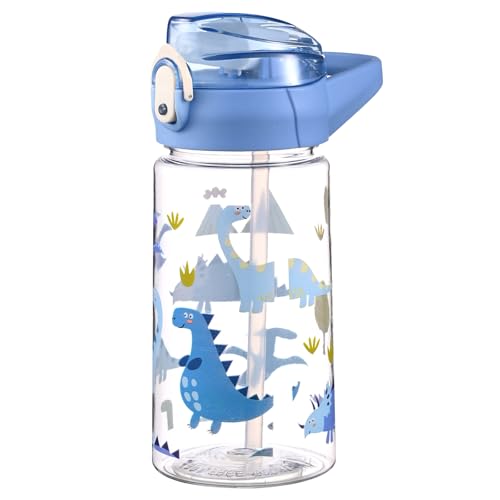 Botellas de agua de plástico rosa, botellas de agua de 500 ml, botellas de agua para niños, botellas de agua a prueba de fugas, botella de agua para niños para niñas y niños (dinosaurios)