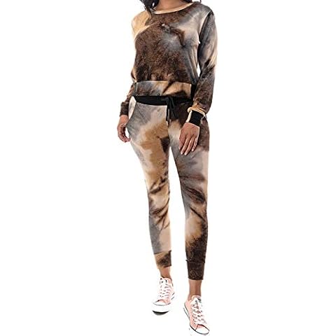 MINT PLUS PINK Womens Tie dye Two pieces Loungewear Longsleeve Pullover Top and Sweat Jogger Pants Set (#1 Brown/black(Tie dye), Large) Cover