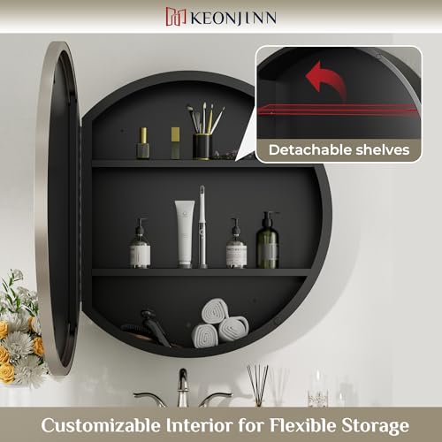Image of Keonjinn 24 inch x 24 inch Round Medicine Cabinet Mirror, Brushed Nickel Mirror Medicine Cabinet Wall Mounted, Circular Medicine Cabinets with Mirrors, Circle Framed Vanity Mirror with Storage