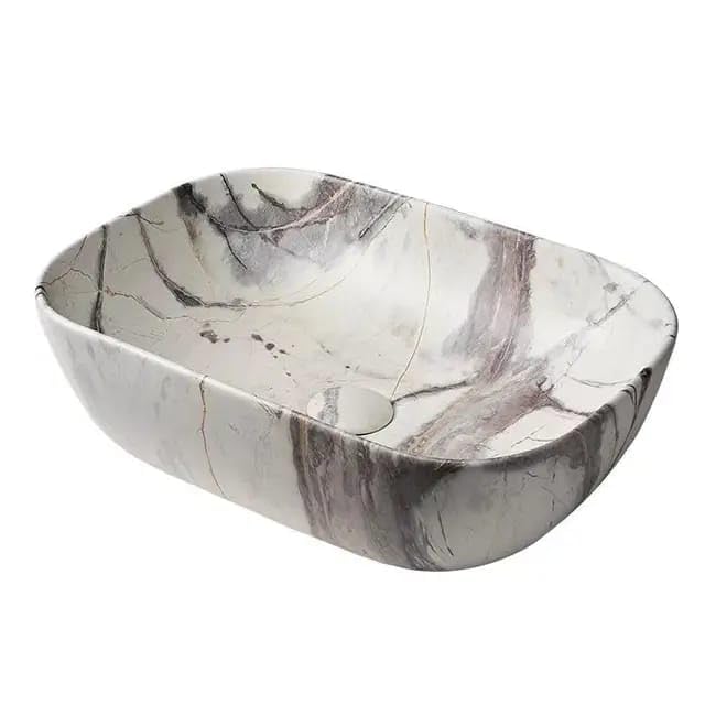 Image of REMOTION Designer Glossy Finish Table Top Ceramic Wash Basin Vessel Sink with Slim Rim |Collapsible Wash Basin | Vessel Sinks For Bathrooms (Marble Beige N Brown, 18 x 13 x 5.5 Inch)