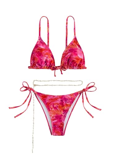 WDIRARA Women's 3 Piece Tie Dye Triangle Bikini Set String Swimsuits Bathing Suit with Chain