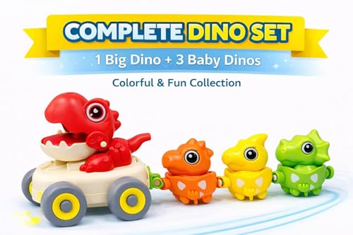 Image of Cable World Magnetic Dinosaur Train Toy for Kids 3+ | Pull Back Press & Go Dino Car with 3 Baby Dinosaurs | Magnetic Linking with Whistle Sound | Educational Toddler Toy Gift for Kids (Multi Color)
