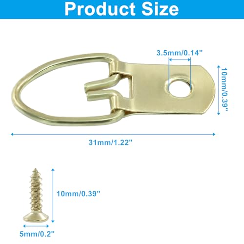 Image of 100 Pcs D Ring Picture Hangers 31mm /1.22 Inch D Ring Picture Hooks 1 Hole Metal Hooks with Screws for Hanging Mirror, Clock, Decoration and Paintings (Gold)