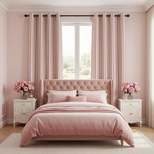 Image of MYSKY HOME Striped Curtains 100% Blackout for Girls Bedroom 84 Inches Long Red Stripe Patterned Linen Blend Double Layer Farmhouse Rustic Drapes, Grommet, 2 Panels, 52 inch Wide