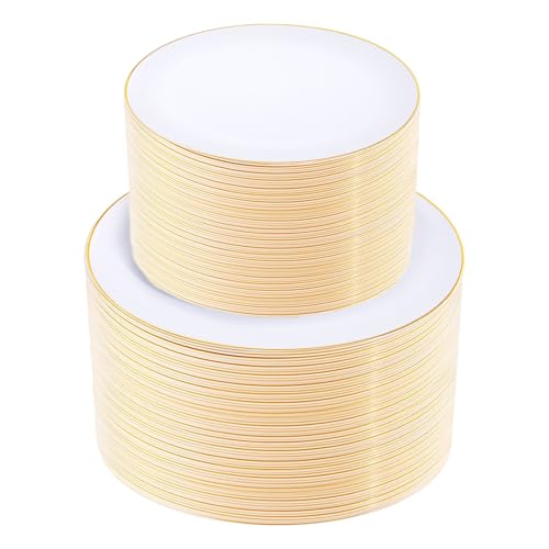 KIRE 200PCS Gold Plastic Plates - Disposable Plates for Party - White Plastic Plates with Gold Rim Include 100 for Dinner and 100 for Dessert/Salad in Wedding/Thanksgiving
