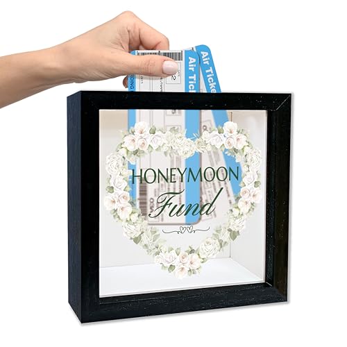 Honeymoon Fund Box Wedding Money Box with Slot Wooden Greenery Honey Moon Fund Shadow Boxes Honeymoon Gifts for Newlyweds Floral Travel Memory Frame for Wedding Reception Bridal Shower -A01