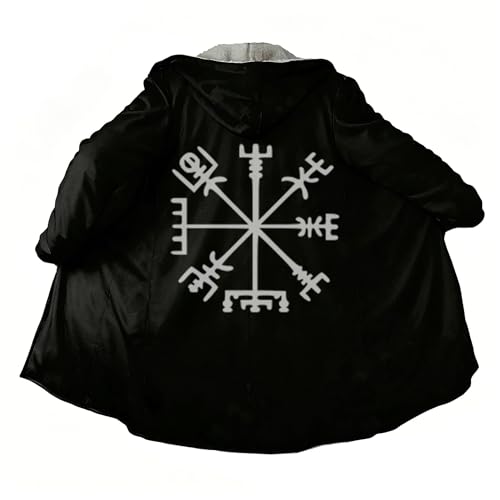 Image of Viking Mythology Mens Hooded Cloak Nordic Faux Cashmere Hoodie Winter Warmer Overcoat Mid-Length Parka Jacket