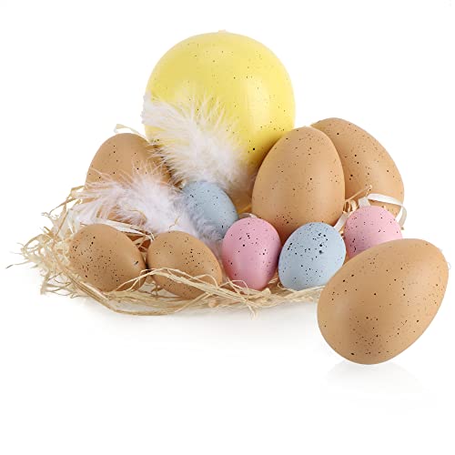 com-four® Juego de 11 Huevos de Pascua para Colgar - Coloridos Adornos Colgantes en 3 tamaños para Pascua - decoración de Huevos con Plumas y Paja (11 Piezas - Amarillo/Rosa/Azul/Beige)