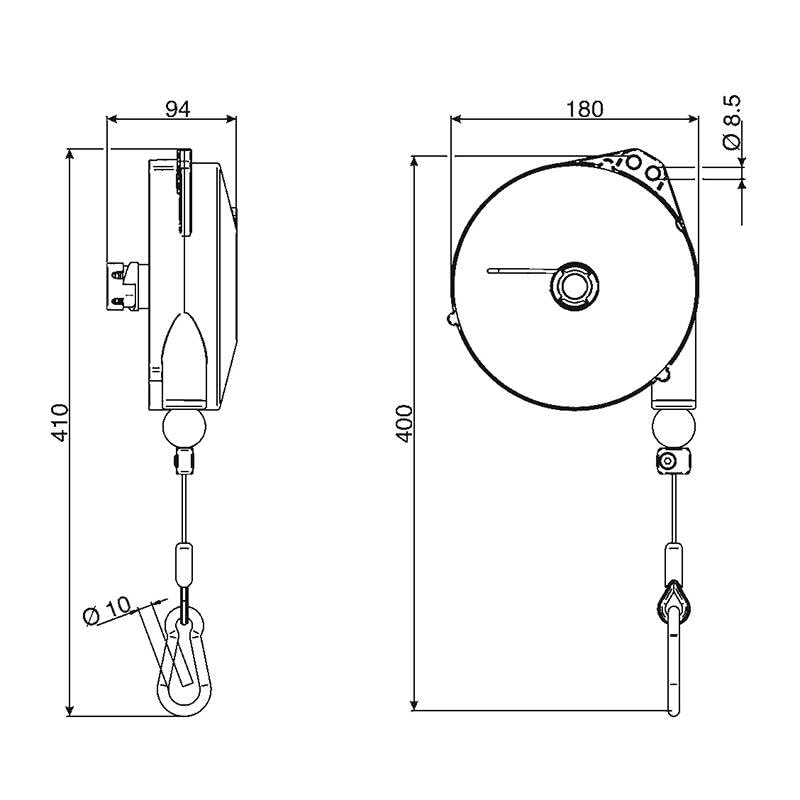 TECNA 9337 Federzug-Balancer – Tragkraft 4–6 kg, Seillänge 2,5 m – Werkzeugaufhängung aus Aluminium mit Edelstahlseil – Höhenverstellung & Abriebschutz – Industriequalität