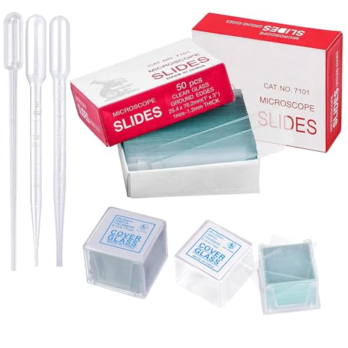 100 Piezas Portaobjetos Microscopios Prelimpiados, 200 Piezas Cubreobjetos de Microscopio con 3 Cuentagotas de Plástico para Estudio de Ciencias de Biología de Laboratorio