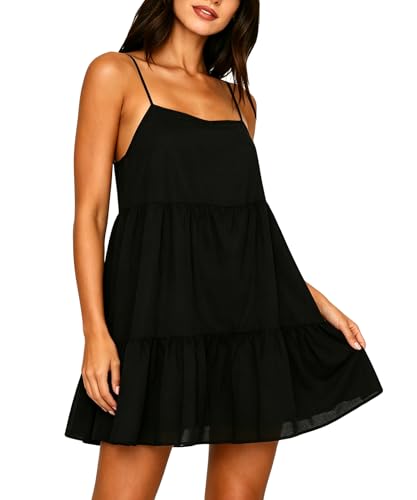 Image of Babydoll Dress for Women Spaghetti Strap Swing Dresses Sleeveless Short Flowy Dress Summer Loose Sundress