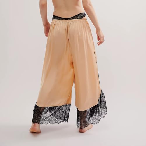Summer Casual Lightweight Lace Trim Capris Wide Leg Satin Crop Pants Women Elastic Waist Pj Palazzo Pants Beach Wear3