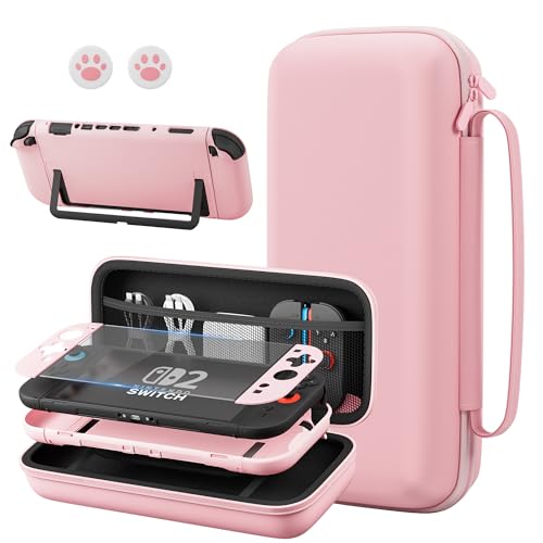Funda rosa para Nintendo Switch 2 de viaje rígida con protector de pantalla de cristal 1