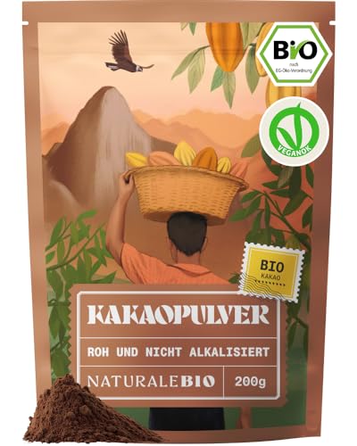 NaturaleBio Kakao Pulver Bio 200g. Organic Cacao Powder. Natürlich und rein aus rohen Kakaobohnen. Ungesüßt. Magnesium- und Phosphor-Quelle. Geprüft auf Schwermetalle