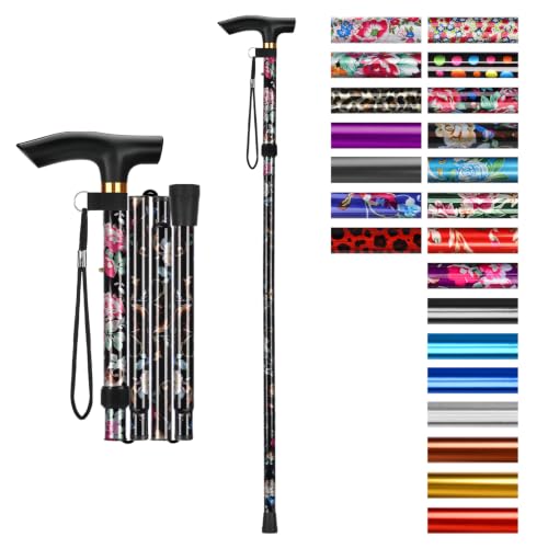 supregear Canne Pliante, Hauteur Réglable à 5 Niveaux Canne de Marche Légère Portable Bâtons de Voyage avec Dragonne et Poignée en T pour Personnes Âgées Handicapées Hommes Femmes, Floral Noir