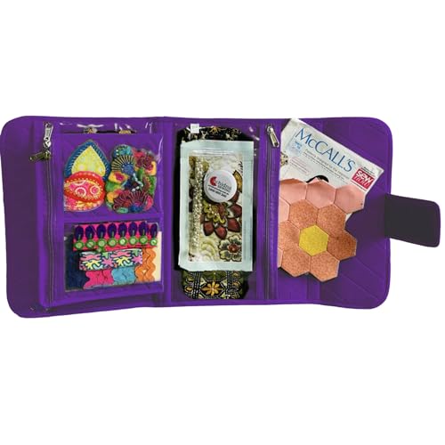 Image of Yazzii Trifold Craft Project Case - Craft Organizer, Travel Tote Bag with Clear Pockets & Handle - Crafts, Crochet, Sewing Accessories - Purple
