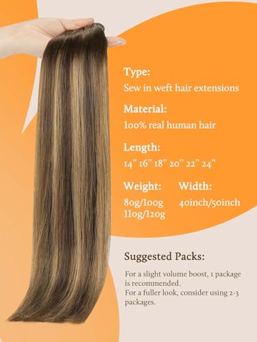 Image of DOORES Weft Hair Extensions Human Hair, 14 Inch 80g Balayage Chocolate Brown to Caramel Blonde, Sew In Real Hairpieces, Straight Natural Hair
