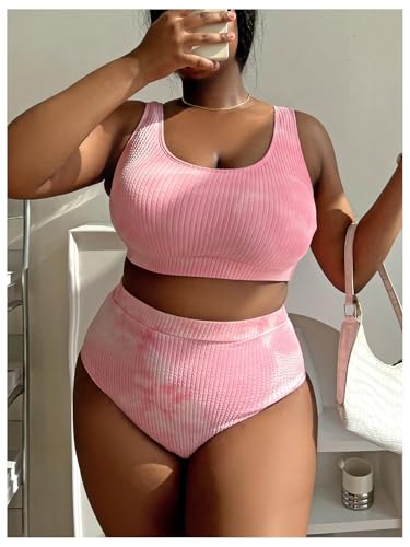 MakeMeChic Women's Plus Size 2 Piece Bikini Sets Textured Tie Dye High Waist Summer Swimsuit Bathing Suit2