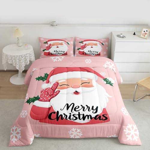 Homemissing Juego de edredón para niños, diseño de Papá Noel, diseño de Papá Noel, copo de nieve, para decoración de dormitorio de niños y niñas, microfibra rosa rojizo, ultrasuave, transpirable