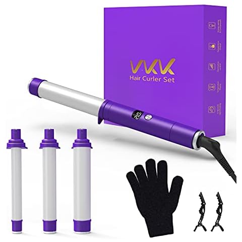 VKK Curling Wands, Professional Curling Iron Ceramic Curling Tongs for Long Short Hair Curlers With 3 PTC Barrels, 110°C-410°C Temperature Control LCD Screen Purple Cover