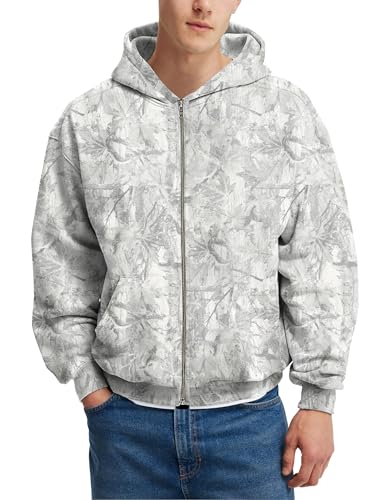 MSBESYOR Mens Camo Zip Up Hoodie Fleece Hunting Jacket Maple Leaf Print Oversized Long Sleeve Hooded Sweatshirt, Light Grey, L