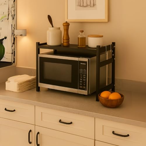 Image of 3-Tier Microwave Oven Stand, Kitchen Organizer Rack, Sturdy DIY Countertop Organizer for Microwave, OTG, Mixer, Utensils & Appliances | Engineered Wood & Metal Rack (55 Kg Capacity)