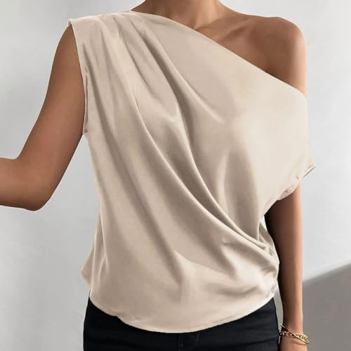 2024 Summer Women's Tops Vest Slant Neck Pleated Asymmetric Vest Tops Solid Colour One Shoulder Versatile Tops(Color:Beige,Size:Medium)2