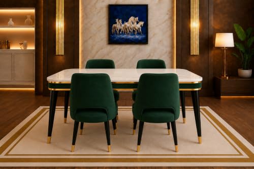 Image of WOODEN SPACE 4 Seater Wooden Dining Table Set | Urban Marble Top Dining Table with Chairs for Dining Room & Kitchen (Modern Vintage Dark Green) (54 x 36 x 30 inch)