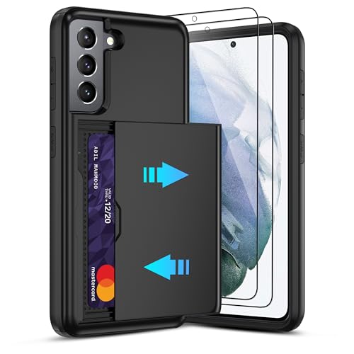 Pilaru for Samsung Galaxy S21 Case with Card Holder and (2 Pcs) HD Screen Protector Slim Heavy Duty Dual Layer Shockproof Design & Hidden Card Slot Wallet Case for Galaxy S21-Black