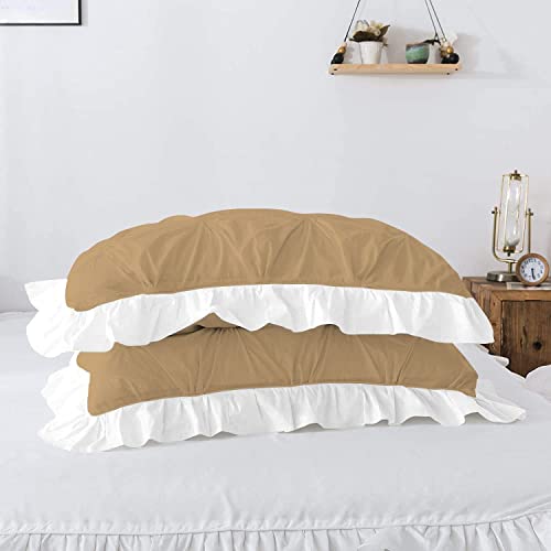 Image of 300 TC Pinch Ruffle 2 Tone Duvet /Razai /Blanket Cover with 2 Pillow Cover- 100% Cotton (Zipper Closure) Razai Cover 3 PC Set, Soft & Lightweight-Queen Size White /Taupe