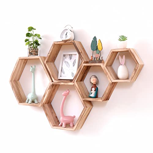 WONFUlity Étagères flottantes hexagonales en nid d'abeille à fixation murale en bois pour salle de bain, cuisine, chambre, salon, décoration murale...