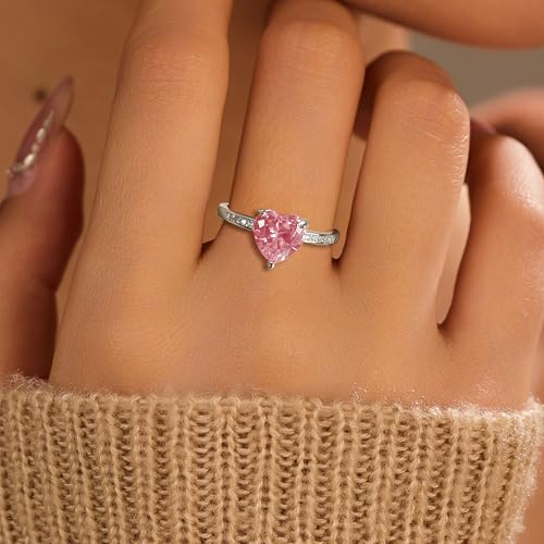 Dainty 925 Sterling Silver Pink Heart Promise Ring for Women Mother Heart Shaped Pink Cubic Zirconia Statement Ring to Daughter Eternity Engagement Rings Band Purity Ring Ladies Wedding Jewelry Gift2