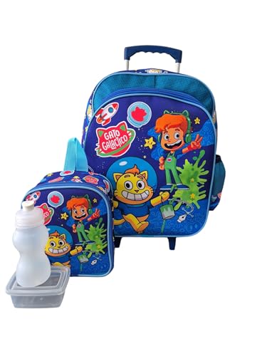 KIT MOCHILA INFANTIL GATO RODINHA TAM G MENINOS GALAXIA