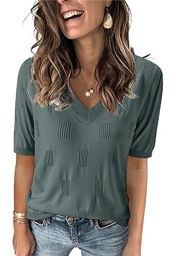 Image of Arach&Cloz Women's Lightweight Spring Summer Sweater Tops Casual Short Sleeve Blouses Shirts