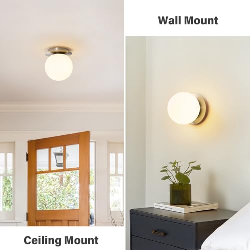 Image of Modern Nickel Globe Wall Sconce，Single Light with Milk Glass Shade | 6 inch Minimalist Spherical Vanity Sconces,Contemporary Small Brass Ball Lights Fixture for Entryway Bedside Bathroom,E26 Base
