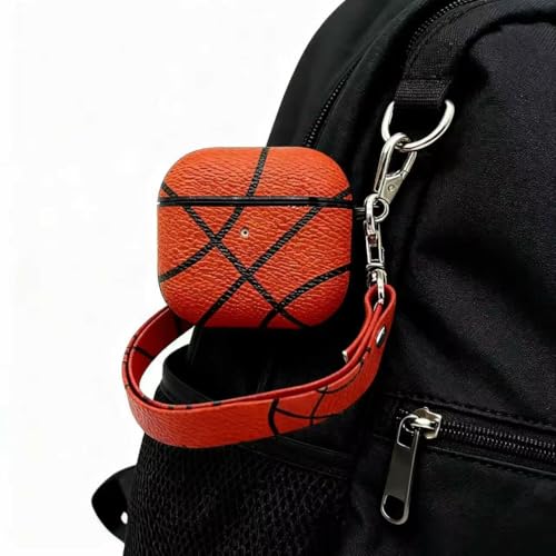 Image of Basketball AirPods Pro 3 Case 2025, Premium PU Leather Protective Cover with Keychain, Cute Hard Shell Earbuds Case, Red