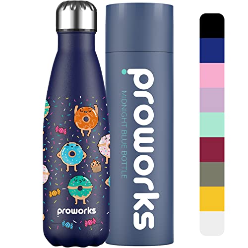 Proworks Botellas de Agua Deportiva de Acero Inoxidable | Cantimplora Termo con Doble Aislamiento para 12 Horas de Bebida Caliente y 24 horas de Bebida Fría - 500ml - Azul Medianoche: Chispas De Donas