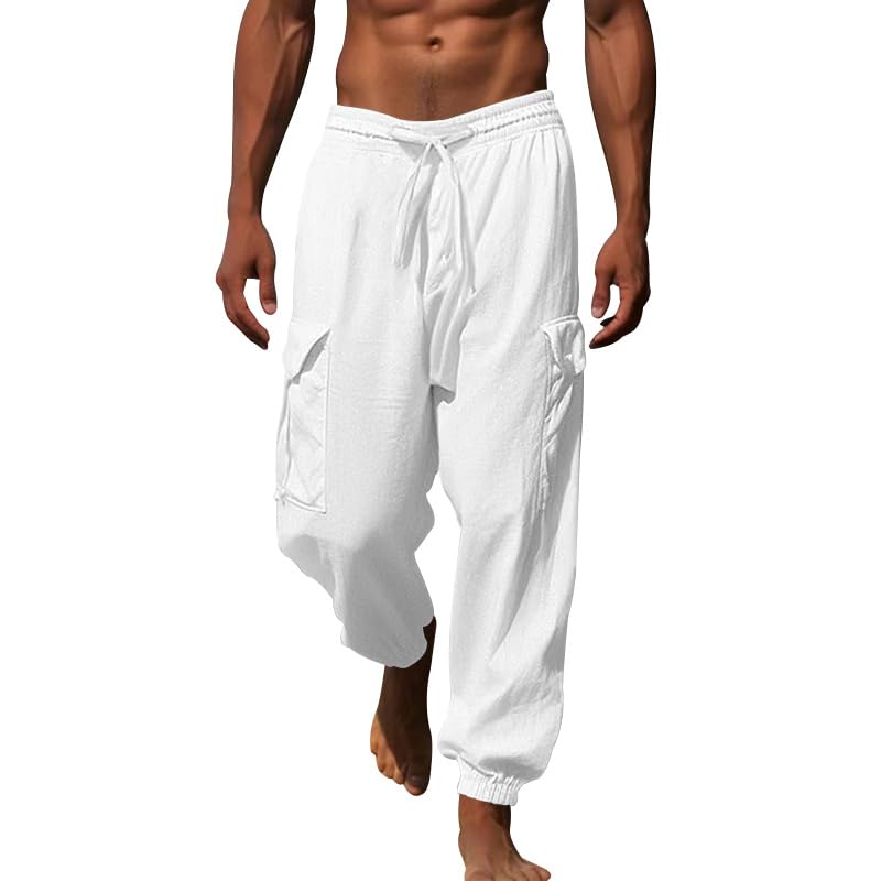 Casual Linen Cargo Pants for Men Lightweight Summer Fall Athletic Hiking Pant Elastic Waist Drawstring Beach Trousers