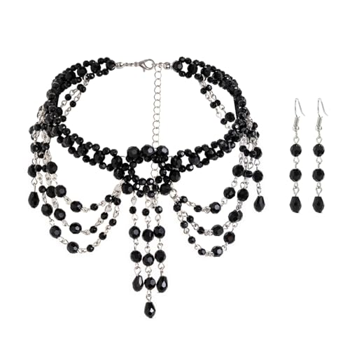 Collar de cuentas negras estilo punk con borlas y diseño de gargantilla gótica multicapa