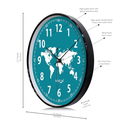 Image of RANDOM Black Plastic World Map Print Sweep Silent Round Battery Operated Analog Wall Clock for Home Office, Living Room, 32 cm