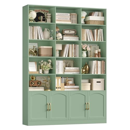 FirFurd Librería con Puertas, Estantería con Puertas, Librería Salón, Vitrina Salón, Estantería Libros, Estanterias Almacenaje Madera, 4 Puertas, 15 Compartimientos, Verde, 150x23.7x209cm