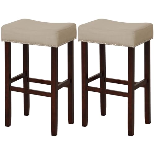 Image of COSTWAY Wooden Saddle Stools Set of 2, 29.5-inch Backless Counter Chairs with Nailhead Trim, Rubber Wood Frame, Footrest, Max Load 330 Lbs, Upholstered Bar Stools for Kitchen Island, Beige+Brown