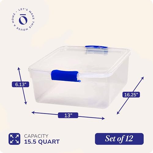 HOMZ 12-Pack Secure Latch, Clear Plastic Storage Organizer Bins, 15.5 Quart, Blue - Stackable Container Boxes for Bedroom, Bathroom, Garage, and Office Organization - Image 5