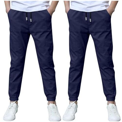 2 Pack Boys Linen Pants Summer Chino Pants Drawstring Trousers Lightweight Athletic Pant Casual Pant School Uniform - Main Image