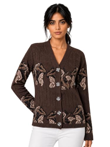 Image of Kalt Women Sweater for Winter Woolen Acrylic Full Sleeves V Neck Floral Design Cardigan Sweater for Women