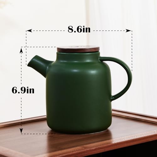 Image of Yundu 1500ml / 50 oz Ceramic Teapot with Infuser & Wood Lid - Matte Green, Loose Leaf Tea Pot with Removable Strainer, Large Capacity