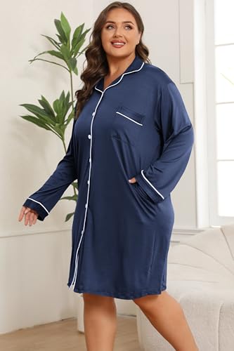Image of Vozanet Women Button Down Nightgown Plus Size Nursing Nightshirt Long Sleeve Nighty Bridal Dress with Pockets XL-5XL
