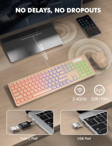 Image of Wireless Keyboard and Mouse Combo, RGB Backlit, Trueque KM42Pro | RGB Rainbow Backlit, Rechargeable Keyboard Mouse, Sleep Mode, 2.4GHz Wireless, Silent Soft Typing, USB-C Adapter