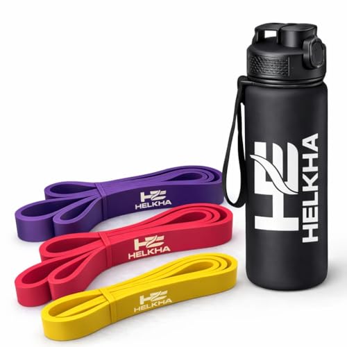HELKHA Latex Resistance Bands Set with Water Bottle – 3 Levels (X-Light, Light, Medium) – Full Body Workout for Home & Gym