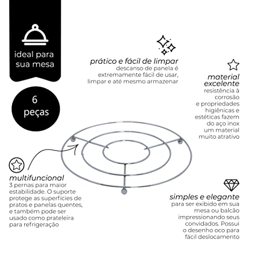 Mimo Style Kit 6 Suporte Para Descanso de Panela Redondo 19cm em Inox, Com Pés Redondos Para Estabil